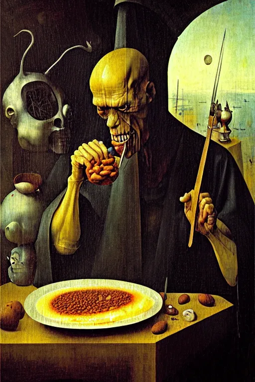 Image similar to hieronymus bosch, greg rutkowski, anna podedworna, painting of willem dafoe eating baked beans and eggs