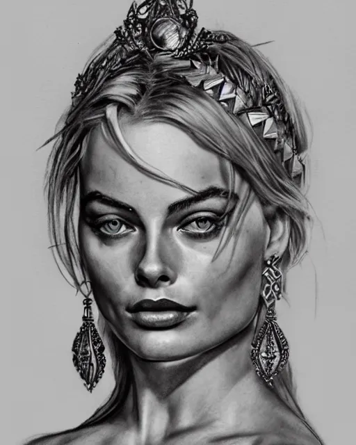 Image similar to realism tattoo sketch of margot robbie as a beautiful greek goddess aphrodite with piercing eyes wearing a laurel wreath and triangle earrings, in the style of greg rutkowski, amazing detail, confident