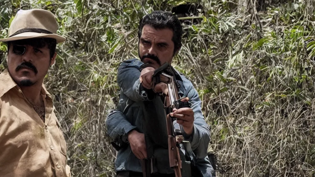 Image similar to A still of the drug kingpin El Mencho in the Narcos: Mexico TV show, yellow lighting