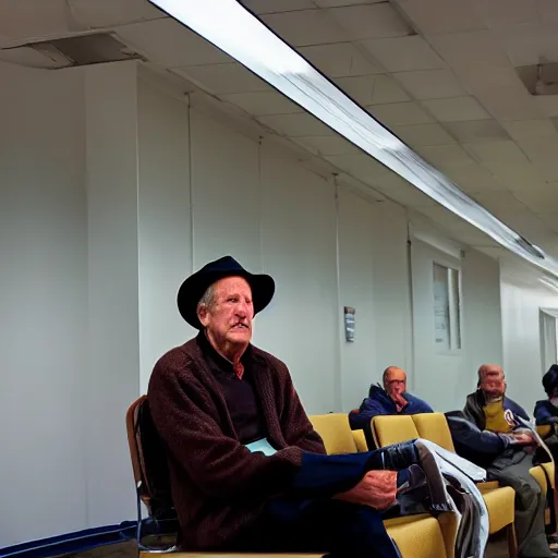 Image similar to wide angle portrait of werner herzog sitting alone in the waiting area of the dmv wearing a birthday hat. ultra wide angle, wes anderson, award winning, hyperrealistic, grand budapest hotel, studio lighting, very detailed face, chiaroscuro, film noir
