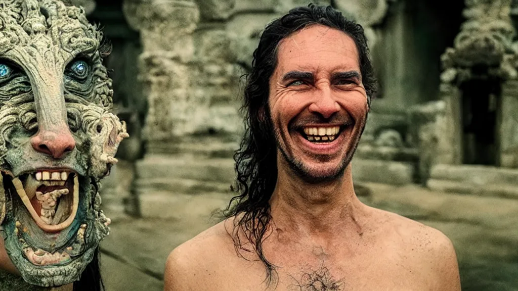 Image similar to the strange creature at the temple that liked my smile, made of water, film still from the movie directed by Denis Villeneuve with art direction by Salvador Dalí, wide lens