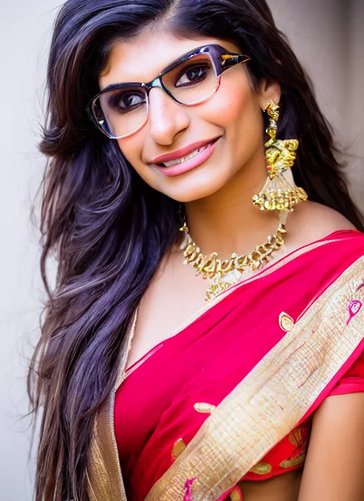 Image similar to portrait of mia khalifa wearing saree, by charlotte grimm, natural light, detailed face, canon eos c 3 0 0, ƒ 1. 8, 3 5 mm, 8 k, medium - format print, full body shot