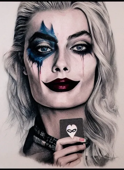 Image similar to tattoo design sketch of beautiful margot robbie portrait with joker makeup, holding an ace card, in the style of den yakovlev, realistic face, black and white, realism tattoo, hyper realistic, highly detailed