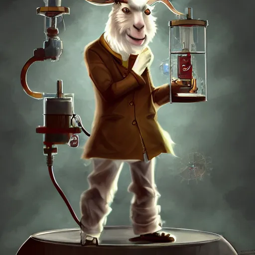 Prompt: a goat who is a mad scientist, wearing a lab coat, inventing a time machine, steampunk style, digital art, trending on artstation and unreal engine, deviantart, smooth, hyper detailed, coherent