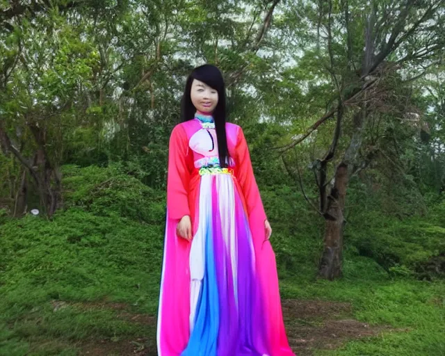 Prompt: vietnamese girl with rainbow hair wearing an ao dai