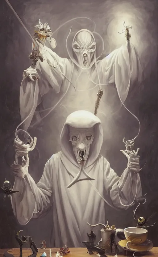 Image similar to a painting of a white robed magician behind a table, right hand points up holding a wand, left hand points down, cup, sword, pentacle, wand, a surrealist painting by marco mazzoni, peter mohrbacher, nychos, cgsociety, neo - figurative, detailed painting, rococo, oil on canvas, biomorphic, lovecraftian