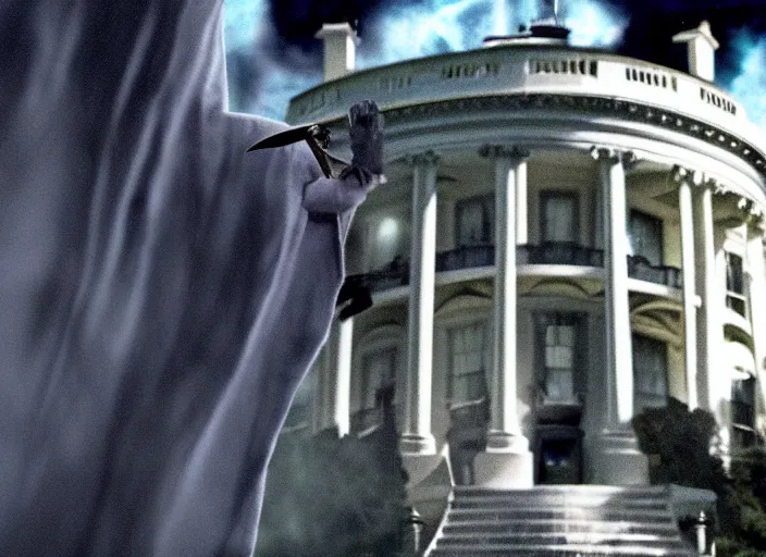 Image similar to gandalf attacks the white house, film still in the new batman movie, 4 k