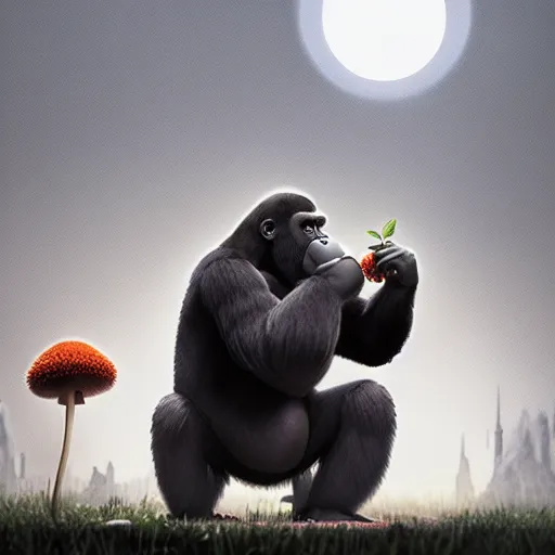 Prompt: a wholesome animation key shot of a gorilla holding a very small red mushroom, chilled out smirk on face, studio ghibli, pixar and disney animation, sharp, rendered in unreal engine 5, anime key art by greg rutkowski, bloom, dramatic lighting, made by banksy