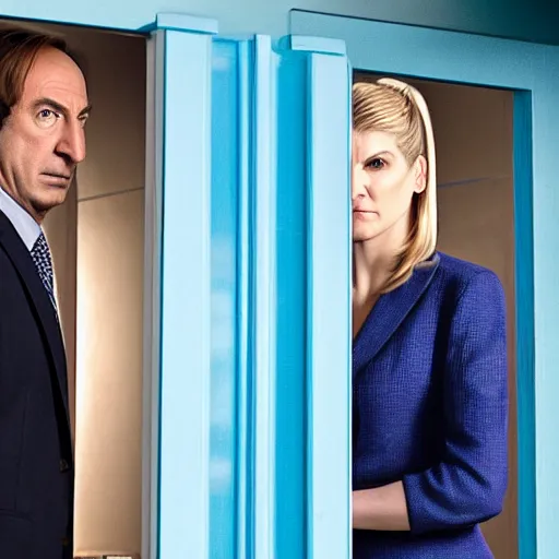 Prompt: Saul Goodman and Kim Wexler standing in front of a blue glass door, smoking cigarettes, highly detailed, dark