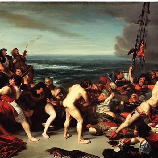 Image similar to stout cortez with eagle eyes stared at the pacific and all his men looked at each other with a wild surmise silent, upon a peak in darien, by jean deville, by valentin du boulogne, oil on canvas