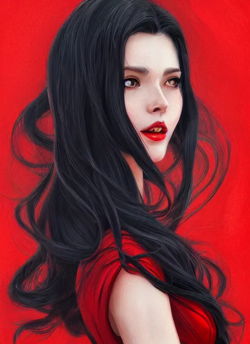 Image similar to a highly detailed illustration beautiful long black haired woman wearing red dress, elegant smiling pose, perfect face, perfect body, intricate, elegant, highly detailed, centered, digital painting, artstation, concept art, smooth, sharp focus, league of legends concept art, wlop