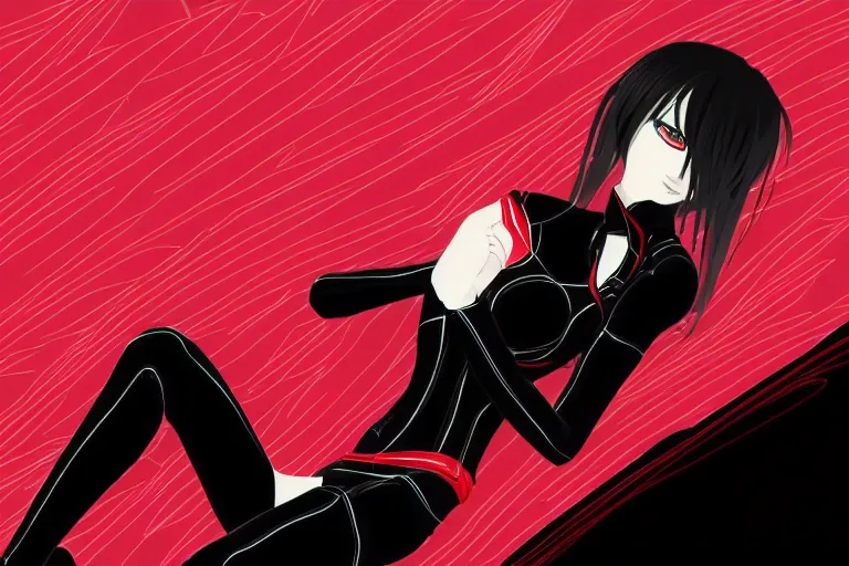 Image similar to a girl laying in an artsy pose, wearing a black outfit with red trim, vector shaded anime style, detailed anime digital art, 4 k