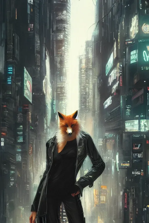 Image similar to beautiful portrait of a tall white female anthro fox smoking a cigarette towering head and shoulders above the bustling crowd of a rainy city street around her, cyberpunk clothes, harsh neon lights, highly detailed, sharp focus, digital painting, illustration, trending on artstation, art by sakimichan, wlop, greg rutkowski