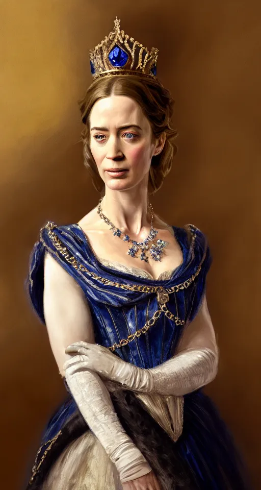 Prompt: portrait of emily blunt as queen victoria, jewelry, greek, sapphire, victorian age, 1 8 9 0, intricate, headshot, key visual, conceptart, ambient lighting, highly detailed, digital painting, artstation, concept art, sharp focus, by makoto shinkai and akihiko yoshida and greg manchess