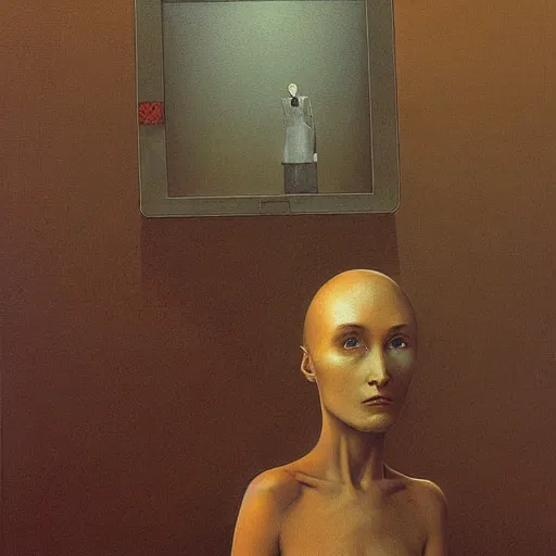 Image similar to a businesswoman with a tv monitor for a head, surrounded by calendars, beksinski, wayne barlowe