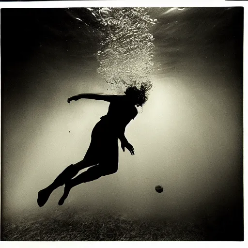 Prompt: Underwater photo of soccer player by Trent Parke, clean, detailed, Magnum photos