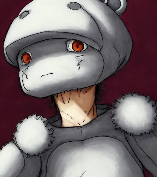 Image similar to attractive little boy wearing an cyborg bear suit, artwork in kentaro miura and made in abyss and inazuma eleven, smooth, beautiful lightness, anatomically correct, trending on pixiv, fascist composition, realistic