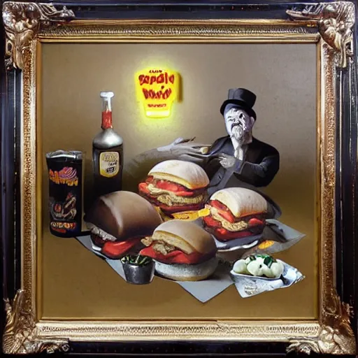 Prompt: surreal grotesque kitsch low-brow Orson Welles emerging from deep shadows eating hamburgers, extra onions and ketchup, luscious patty with sesame seeds, figure in the darkness, serving big macs french fry pattern ambience, Francisco Goya, painted by John Singer Sargant, Adrian Ghenie, style of Francis Bacon, highly detailed, 8k, trending on artstation