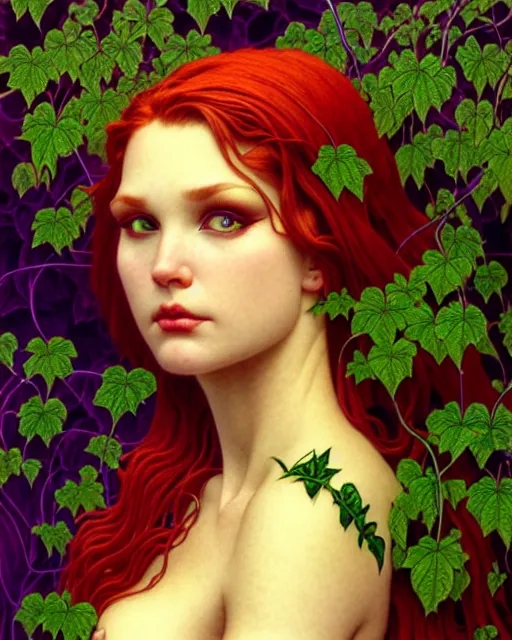 Image similar to closeup portrait the platonic ideal of flowers and vines, poison ivy, beautiful succubus, intricate, hyperrealism, intense, dmt, artgerm, moebius, greg rutkowski, maxfield parrish, dan mumford, moebius, alphonse mucha