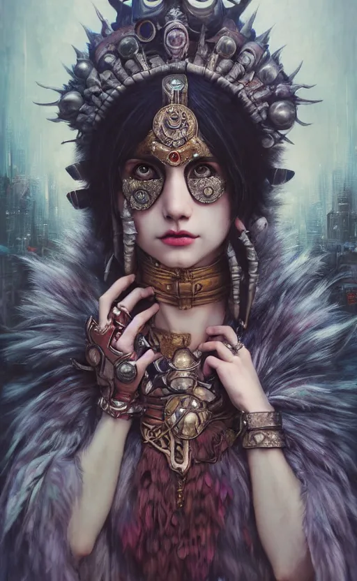 Image similar to hyper realistic Princess Mononoke, ornate mask magic, wet market street, cyberpunk metropolis, city landscape, jewels, full body pose, full moon, style of tom bagshaw, mucha, james gurney, norman rockwell, denoised, sharp