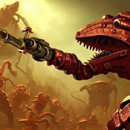 Image similar to robotic lizardfolk warrior made up of copper gold and silver elements wearing red goggles over eyes shooting a gun that is popping out of his open mouth at a horde of goblins, illustration, concept art, highly detailed, 8 k, matte, cinematic lighting, film grain,