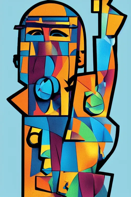 Image similar to cubist moai statue cutout digital illustration cartoon colorful beeple