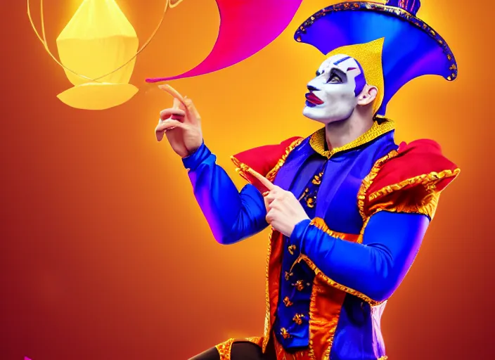 Image similar to award winning digital art of a attractive male jester wearing a traditional jester ’ s outfit, performing at a magnificent carnival with lots of colors, beautiful circus themed background, trending artstation, digital art, aesthetic, bloom, intricate, elegant, sharp focus, digital illustration, highly detailed, octane render, digital painting, concept art, witchlight carnival, masterpiece