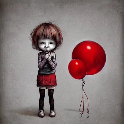 Image similar to surrealism grunge cartoon sketch of a sad little girlwith a wide smile and a red balloon by - michael karcz, loony toons style, horror theme, detailed, elegant, intricate