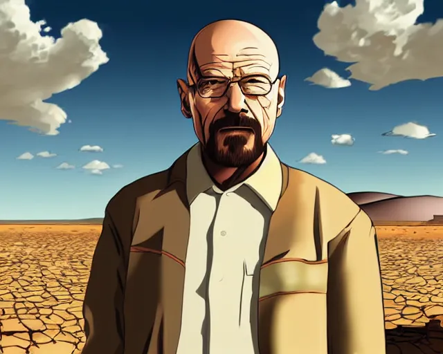 Prompt: walter white in a desert, anime artstyle, detailed, accurate, 4 k, cinematic, dynamic lighting