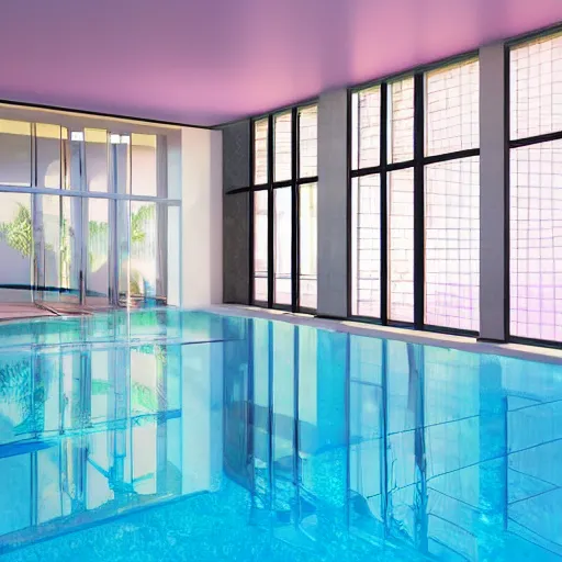 Image similar to a sunlit indoor lounge area with a pool with clear water and another pool with translucent pastel pink water, next to a big window, digital art