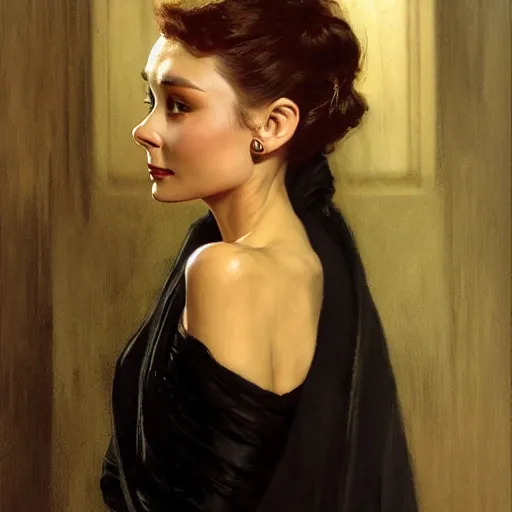 Image similar to detailed realistic cinematic wide shot of beautiful attractive audrey hepburn vampire woman wearing black bath robe slim face symettrical face clean skin black eyes black robe smooth, sharp focus, ultra realistic, spring light, painting by gaston bussiere, craig mullins, j. c. leyendecker