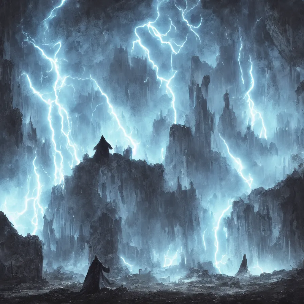 Image similar to a still of a cloaked figure standing in the ruins of crux prime, monastery, there is lightning, blue fiery maelstrom in the distance, it is raining, digital art, artstationhq