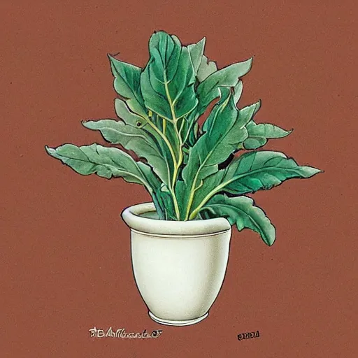 Image similar to fantasy mandrake root, in the ornamented porcelain pot, in the style of botanical illustration