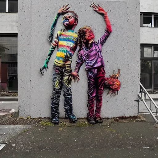 Image similar to a street art of thread connecting brother and sister by bordalo