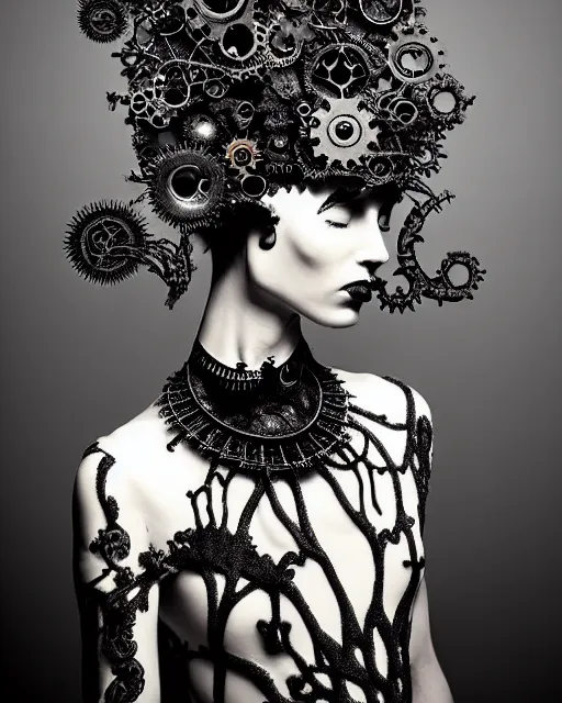 Image similar to surreal dark poetic black and white photo portrait of complex bio-mechanical beautiful young silver female vegetal-cyborg with a Mandelbrot fractal steampunk metal fine lace face, a very long neck and a fine metal floral foliage super big lace collar by Vivienne Westwood:: smoke, high fashion, haute couture, rococo, steampunk, avant-garde, silver filigree details, anatomical, facial muscles, cable wires, microchip, elegant, dreamy, foggy atmosphere, hyper realistic, 150 mm lens, soft rim light, octane render, unreal engine, picture was taken in 1910 by Man Ray, volumetric lighting, dramatic light,8k,