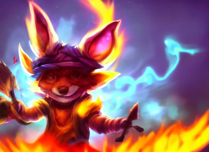 Prompt: champion splashart of yordle made out of fire