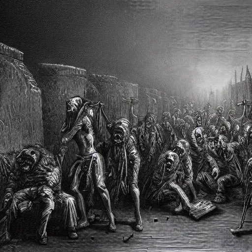 Image similar to zombies among 9 steel barrels in a graveyard, creepy atmosphere, dark, realistic, illustration by gustave dore