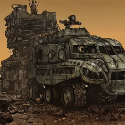 Prompt: a post-apocalyptic futuristic tank in the style of mad-max in the style of fallout in the style of metro:2033 trending on artstation deviantart Pinterest detailed realistic HD 8k High Resolution