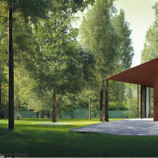 Prompt: a contemporary pavilion in lourmarin, nordic design style, peter zumthor, low and lush trees, sunny, lots of people, photorealistic, 4 k, highly detailed, digital painting, artstation