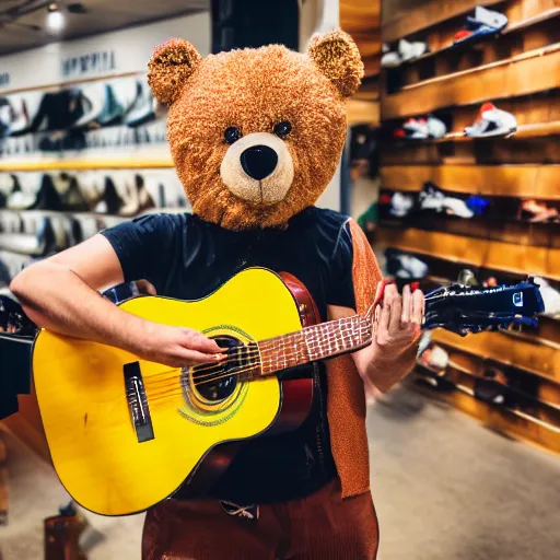 Image similar to a photograph of a man poorly cosplaying as a bear while holding a guitar, he is in a shoe store, he is standing in between long store isles, vivid color, 50mm