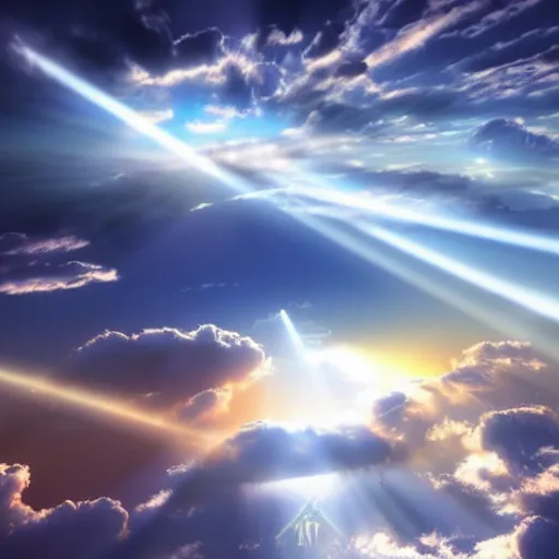 Prompt: clouds with blue rays of light coming from them, photorealistic, heavenly