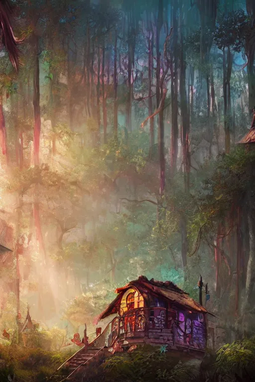 Prompt: a cheerful and whimsical ramshackle multistory hut in the woods, intricate, elegant, fantasy, highly detailed, digital painting, concept art, sharp focus, illustration, beautiful volumetric lighting, artstation, magic hour lighting, colorful, sunshine, springtime