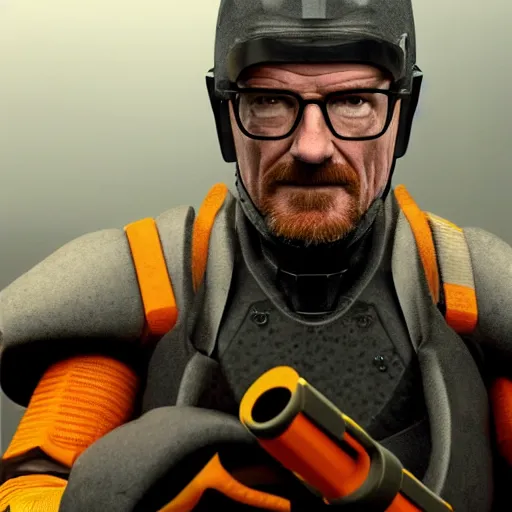 Prompt: Film still of Bryan Cranston dressed up as Gordon Freeman in an HEV Suit holding a crowbar for the Half Life Movie with a dark and foggy background, 4k resolution, 8k resolution, HD Quality, highly detailed, very detailed, detailed, studio quality lighting, digital art, trending on artstation, Dramatic, Dramatic Lighting, Dramatic Angle, Epic, film still