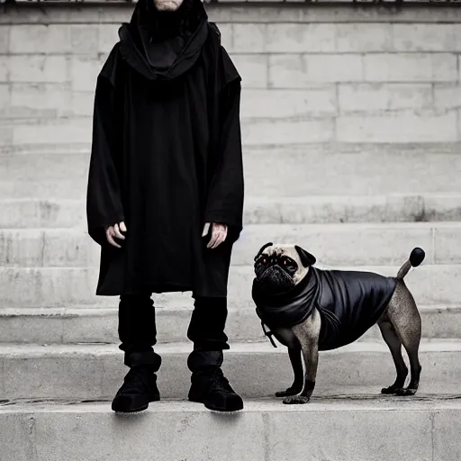 Image similar to portrait of a pug as a rick owens model, darkwear, techwear, rick owens, y 3, yohji yamamoto, goth pug, photo