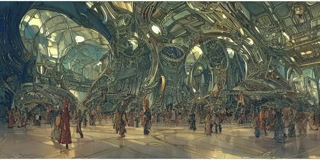 Image similar to the interior of a scifi space station with ornate elven architecture bustling with people by jean giraud moebius, crystalline, emerald, highly detailed matte illustration by moebius, clean lines, sharp focus, intricate, elegant