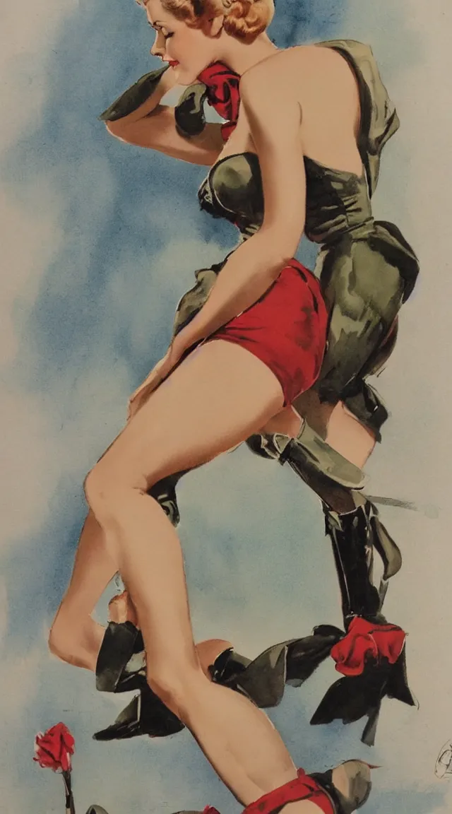 Image similar to a portrait one full body pin up post war dressing a military unioform,water color, Gil Elvgren style