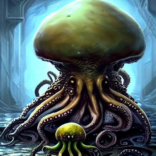 Prompt: cthulhu octopus frog sitting on mushroom and toadstool, highly detailed, digital painting, concept art, sharp focus, illustration, masterpiece, matte painting, glorious, unsettling, by lovecraft and greg rutkowski, luis royo and wayne barlowe, artstation