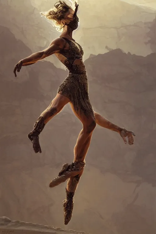 Image similar to a full body portrait of a beautiful post apocalyptic offworld desert gymnast leaping in ballet dance pose by the emerald oasis pools, intricate, elegant, highly detailed, digital painting, artstation, concept art, smooth, sharp focus, illustration, art by krenz cushart and artem demura and alphonse mucha