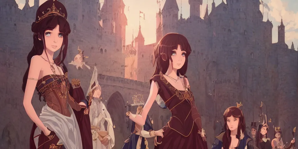 Prompt: portrait of elegant brunettes as a medieval royalties, medieval castle background, shallow focus, rich vivid colors, ambient lighting, dynamic lighting, 4k, official media, anime key visual, makoto shinkai, ilya kuvshinov, lois van baarle, rossdraws, detailed, trending on artstation