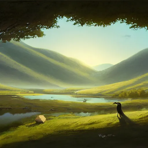 Image similar to wagtail bird, lavandera. avila mountains, river edge, green fields, summer season, 4 k, midday light concept art, by wlop, ilya kuvshinov, artgerm, krenz cushart, greg rutkowski, pixiv. cinematic dramatic atmosphere, sharp focus, volumetric lighting, cinematic lighting, studio quality